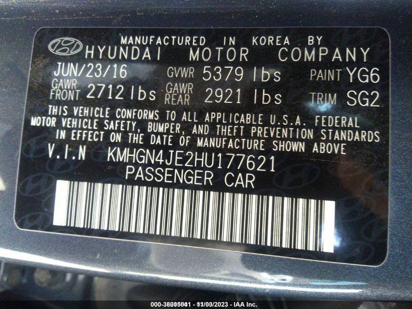 2017 GENESIS G80 3.8L - KMHGN4JE2HU177621