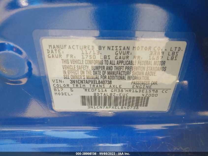 2014 NISSAN VERSA SV - 3N1CN7APXEL840738