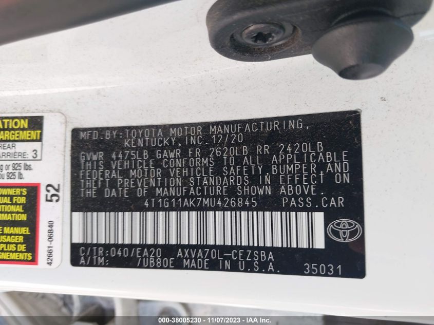 2021 TOYOTA CAMRY SE - 4T1G11AK7MU426845
