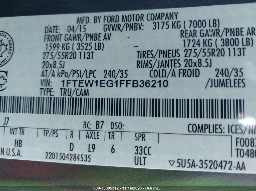 2015 FORD F-150 LARIAT - 1FTEW1EG1FFB36210