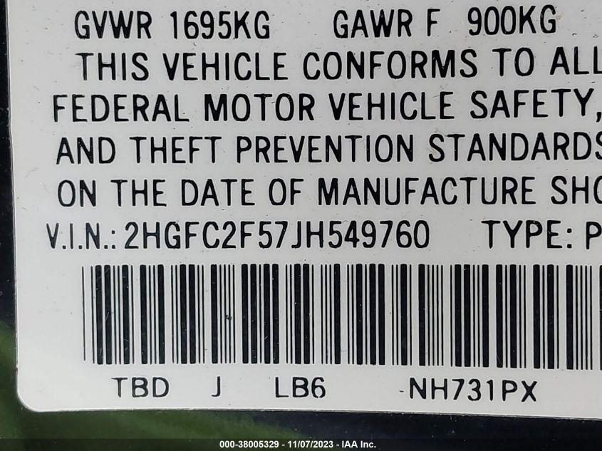2018 HONDA CIVIC LX - 2HGFC2F57JH549760