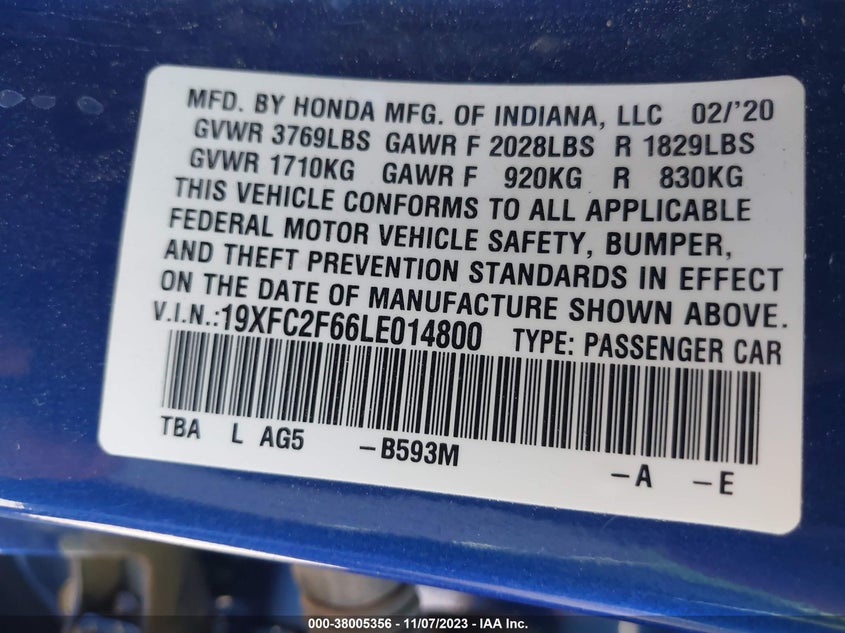 VIN 19XFC2F66LE014800 2020 HONDA CIVIC LX