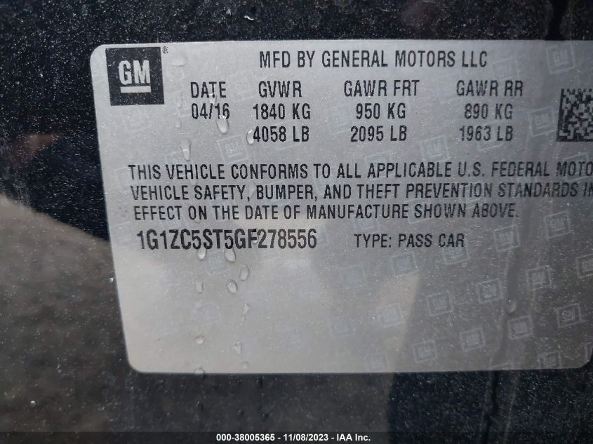 2016 CHEVROLET MALIBU 1FL - 1G1ZC5ST5GF278556