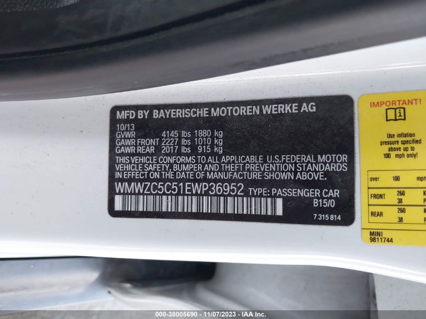2014 MINI COUNTRYMAN COOPER S WMWZC5C51EWP36952
