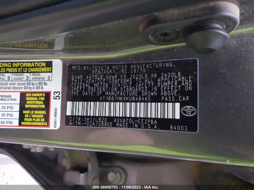 2019 TOYOTA CAMRY XSE - 4T1B61HKXKU848445
