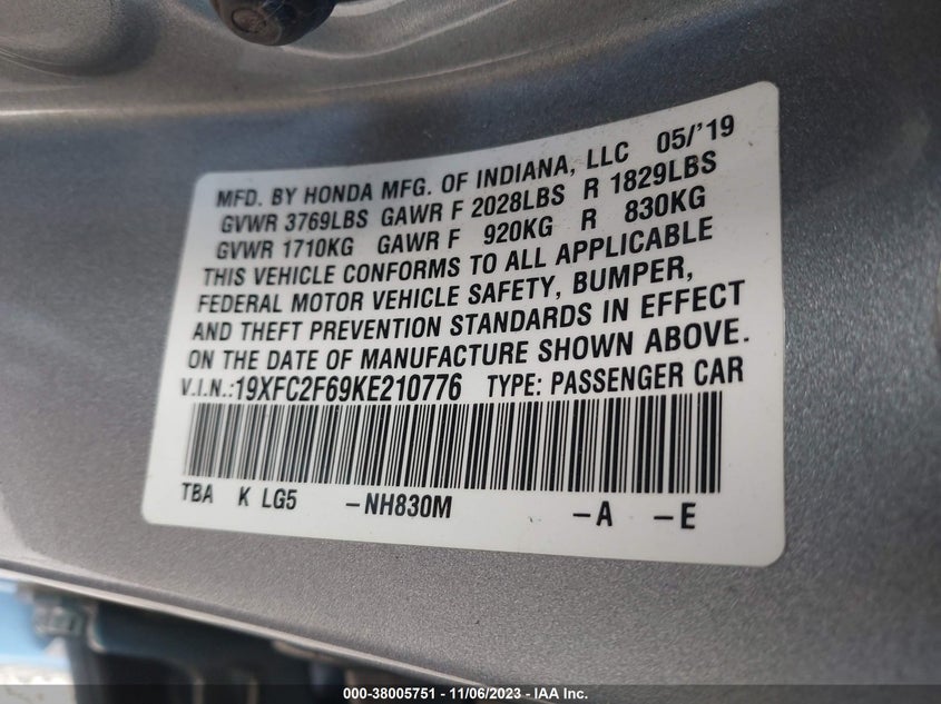 VIN 19XFC2F69KE210776 2019 HONDA CIVIC LX