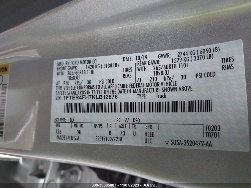 VIN 1FTER4FH7KLB12876 2019 FORD RANGER XL/XLT/LARIAT
