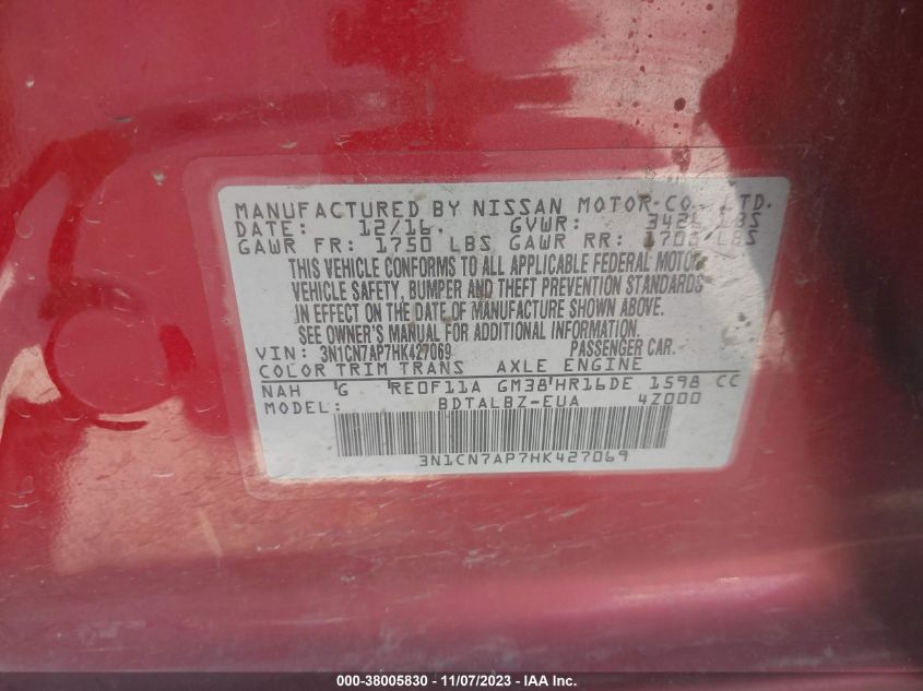 2017 NISSAN VERSA 1.6 SV - 3N1CN7AP7HK427069