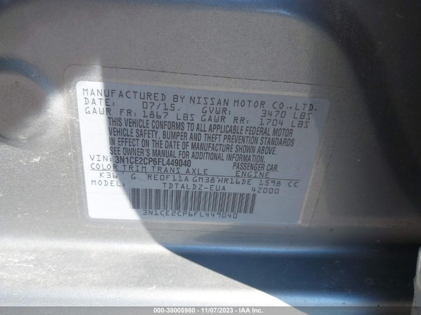 2015 NISSAN VERSA NOTE S/S PLUS/SV/SL/SR - 3N1CE2CP6FL449040