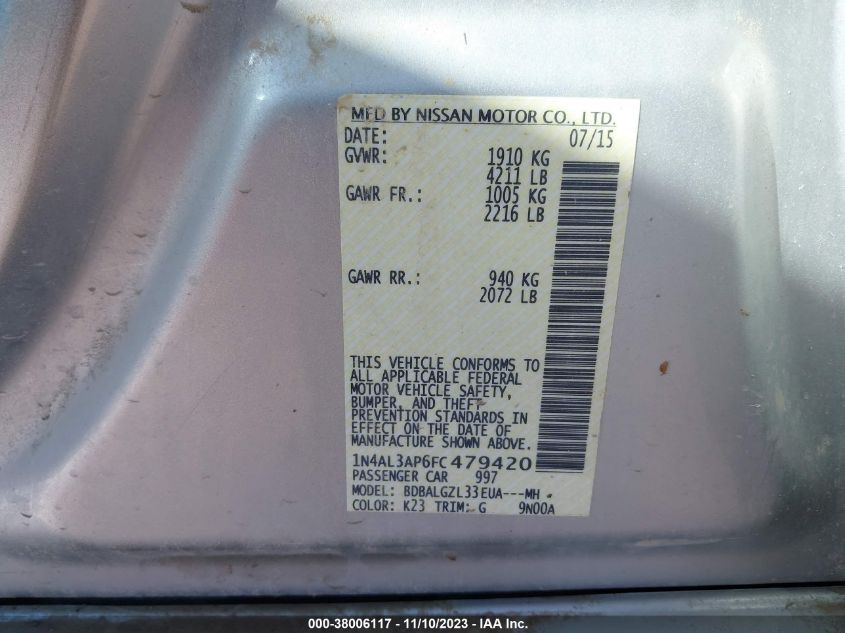 2015 NISSAN ALTIMA 2.5/S/SV/SL - 1N4AL3AP6FC479420