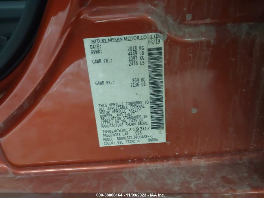 2019 NISSAN ALTIMA 2.5 SR - 1N4BL4CW3KC219307