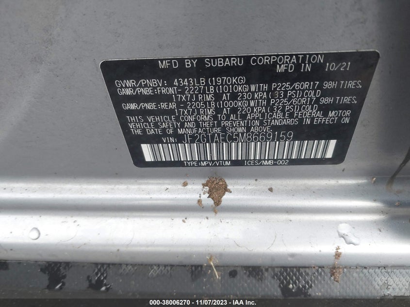 VIN JF2GTAEC5M8669159 2021 SUBARU CROSSTREK PREMIUM