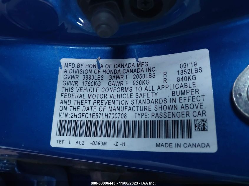 2020 HONDA CIVIC SI 2HGFC1E57LH700708