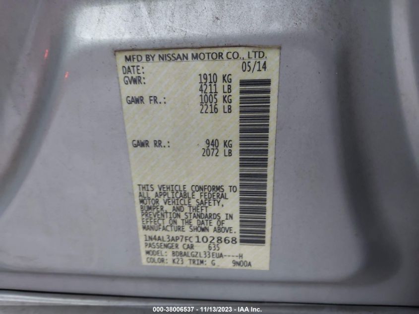 2015 NISSAN ALTIMA 2.5 S - 1N4AL3AP7FC102868