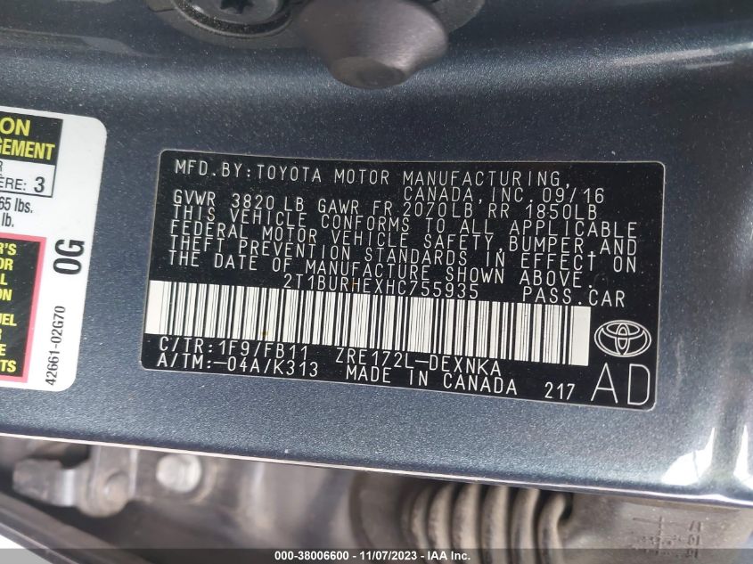 2017 TOYOTA COROLLA L/LE/XLE/SE/XSE - 2T1BURHEXHC755935
