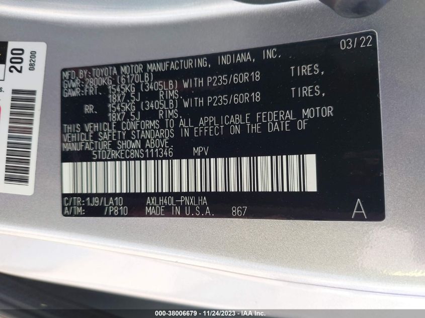 5TDZRKEC8NS111346 2022 TOYOTA SIENNA, photo no. 9