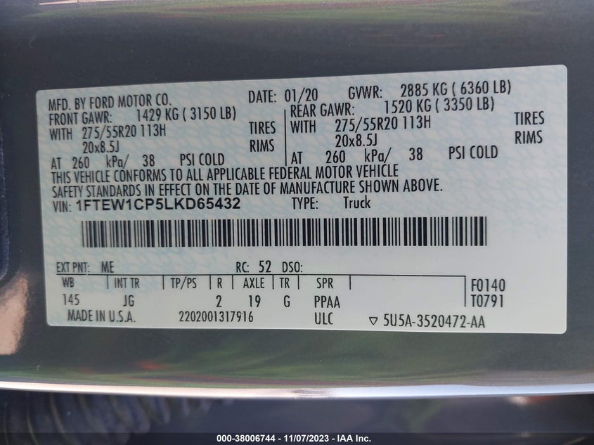 VIN 1FTEW1CP5LKD65432 2020 FORD F-150 XL