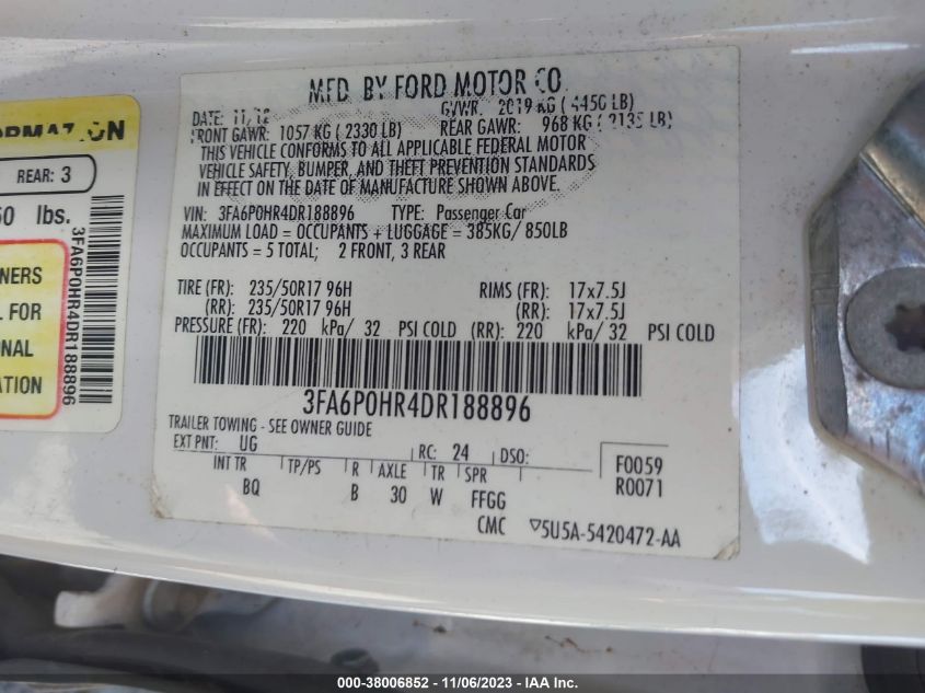 2013 FORD FUSION SE - 3FA6P0HR4DR188896