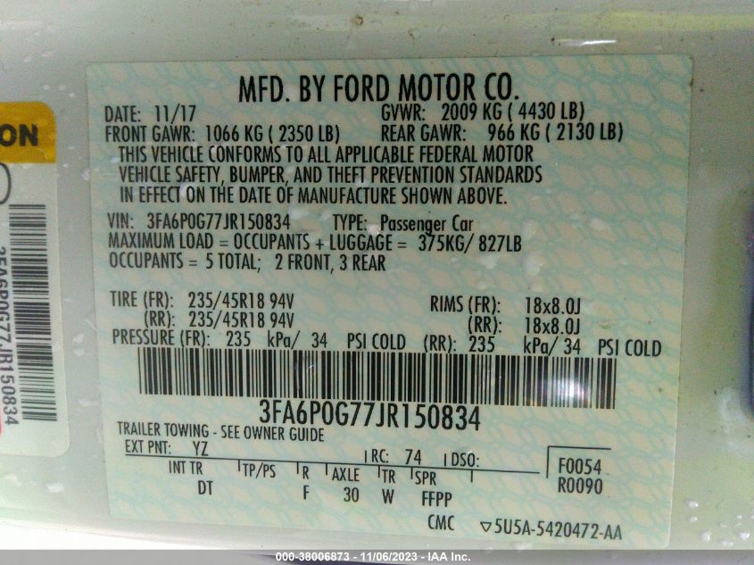 3FA6P0G77JR150834 2018 FORD FUSION, photo no. 9