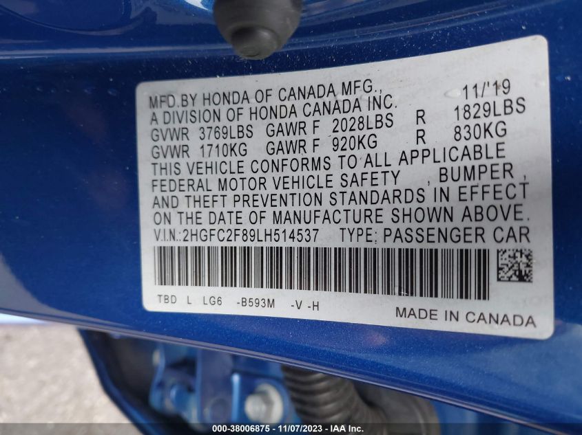 2020 HONDA CIVIC SPORT - 2HGFC2F89LH514537