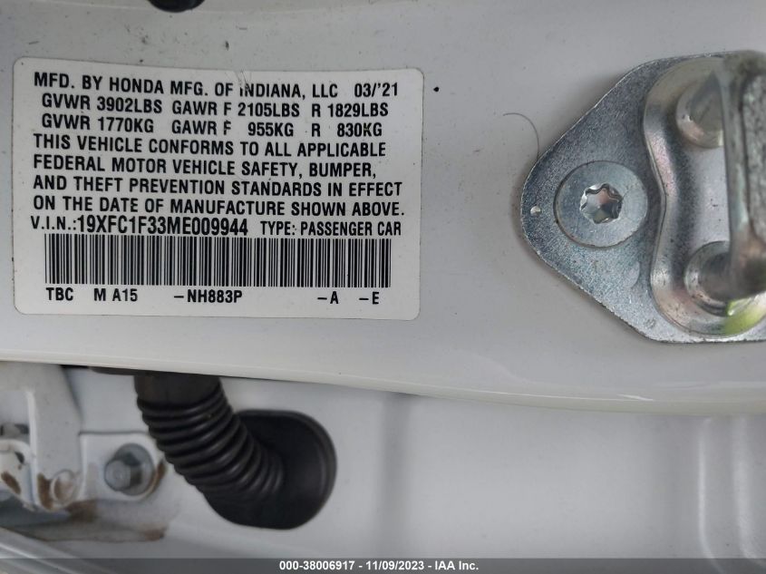 2021 HONDA CIVIC EX - 19XFC1F33ME009944