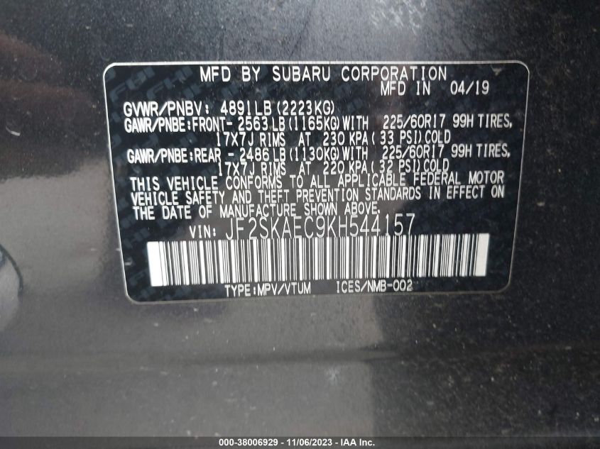 2019 SUBARU FORESTER PREMIUM - JF2SKAEC9KH544157