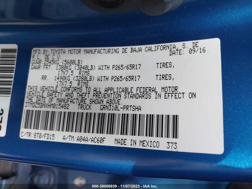 VIN 3TMDZ5BNXHM015482 2017 TOYOTA TACOMA DBL CAB/SR5/TRD SPORT/OR