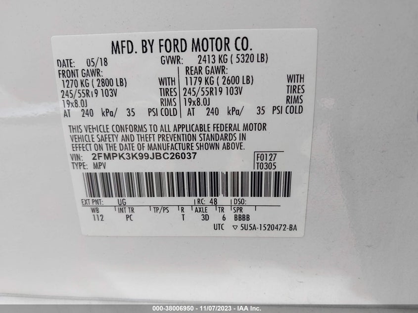 VIN 2FMPK3K99JBC26037 2018 FORD EDGE TITANIUM