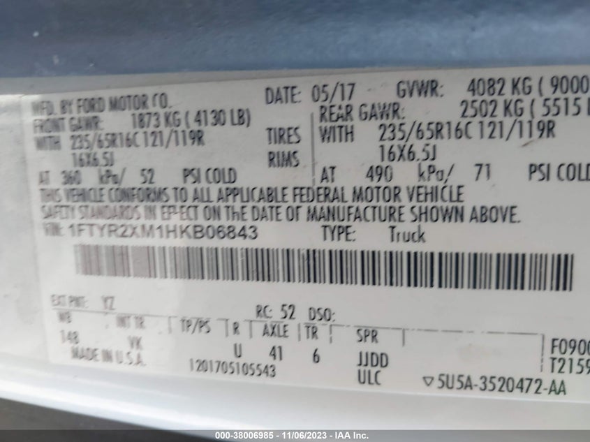 VIN 1FTYR2XM1HKB06843 2017 FORD TRANSIT-250