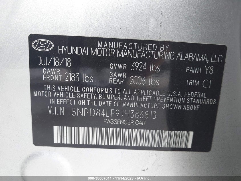 VIN 5NPD84LF9JH386813 2018 HYUNDAI ELANTRA SEL/VALUE/LIMITED