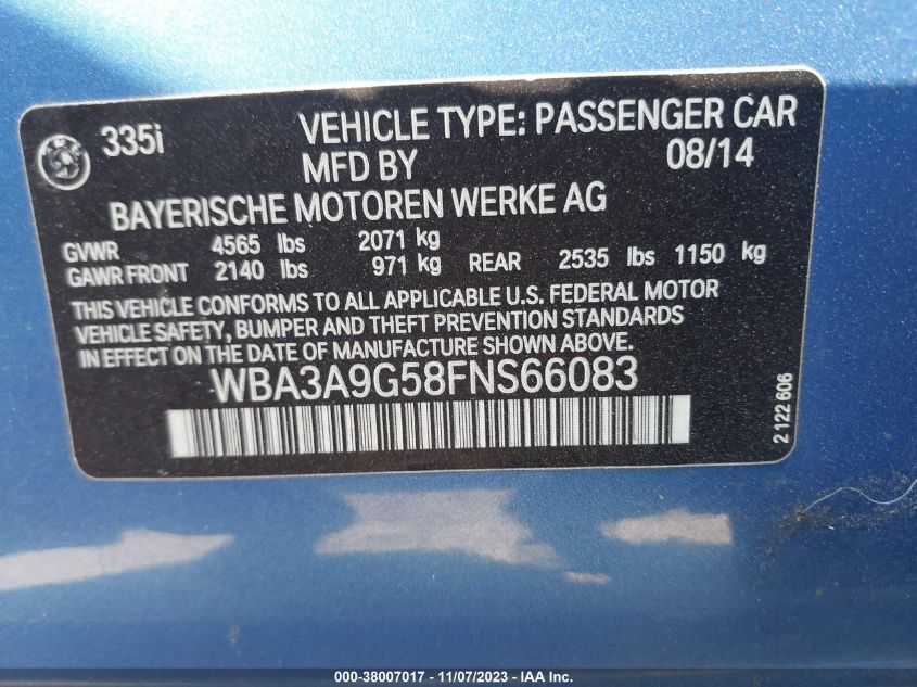 2015 BMW 335I WBA3A9G58FNS66083