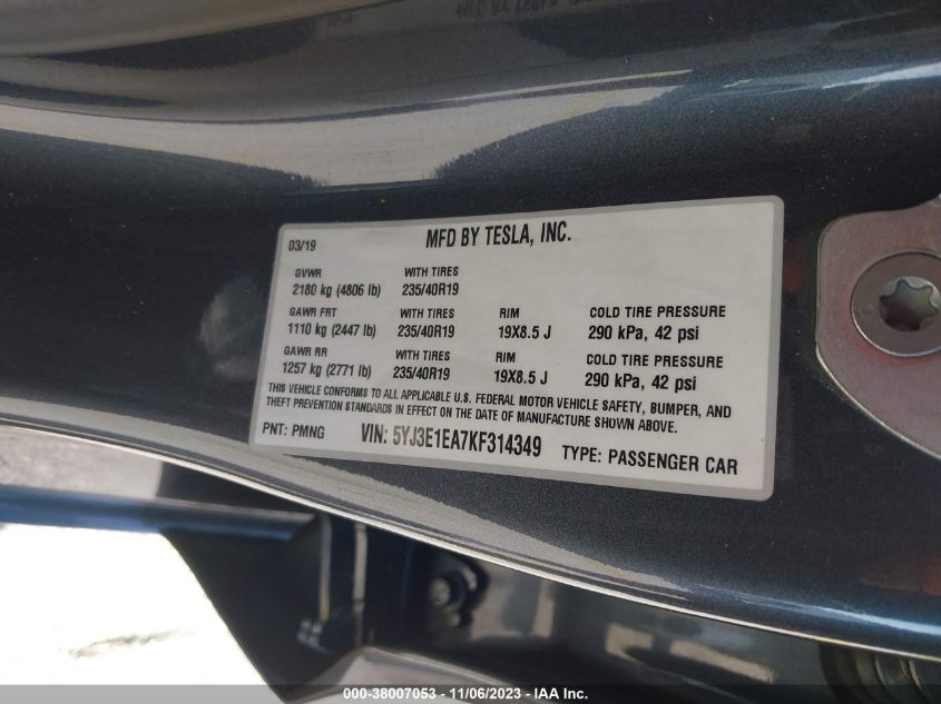 2019 TESLA MODEL 3 LONG RANGE - 5YJ3E1EA7KF314349