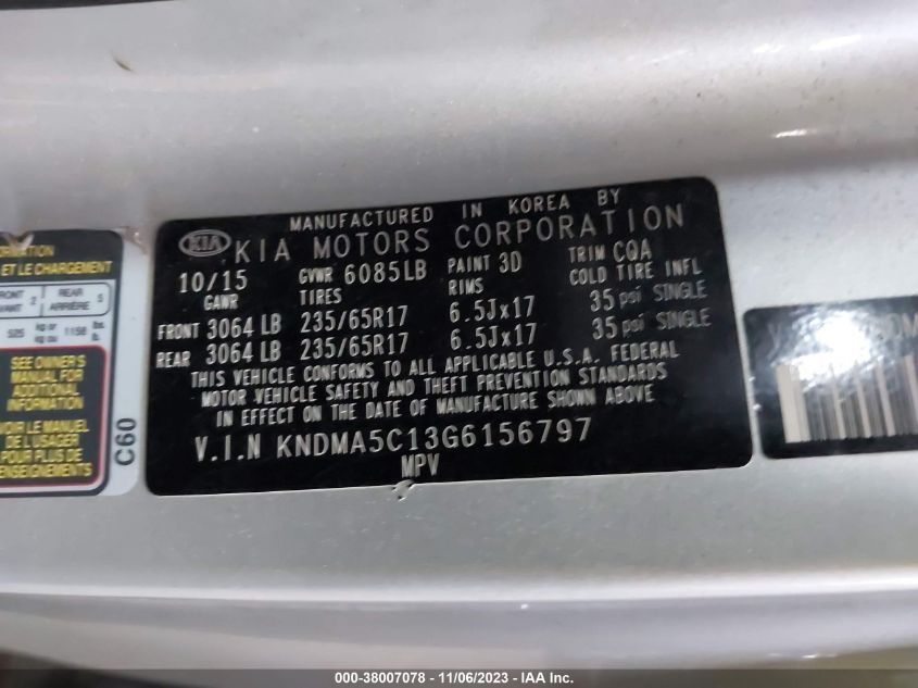 2016 KIA SEDONA L - KNDMA5C13G6156797