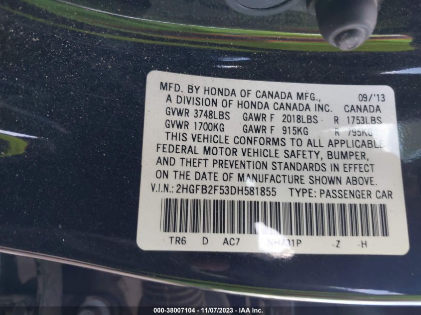 2013 HONDA CIVIC SDN LX 2HGFB2F53DH581855