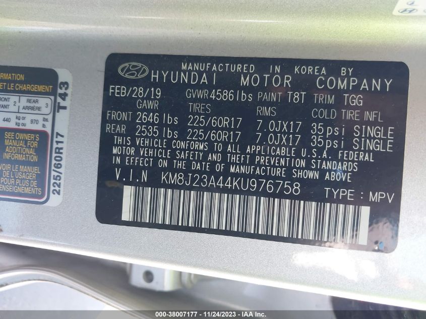 2019 HYUNDAI TUCSON SE - KM8J23A44KU976758
