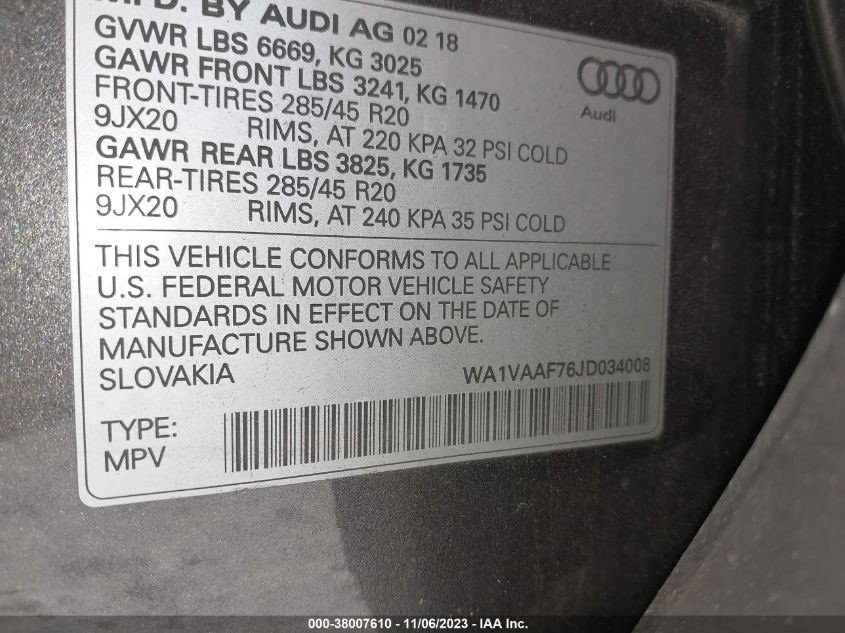 WA1VAAF76JD034008 2018 AUDI Q7, photo no. 9