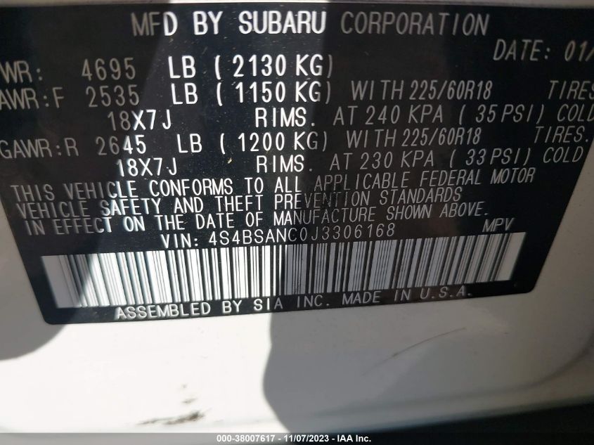 2018 SUBARU OUTBACK 2.5I LIMITED - 4S4BSANC0J3306168