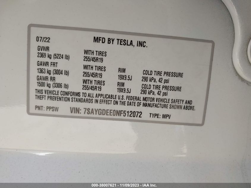 2022 TESLA MODEL Y - 7SAYGDEE0NF512072