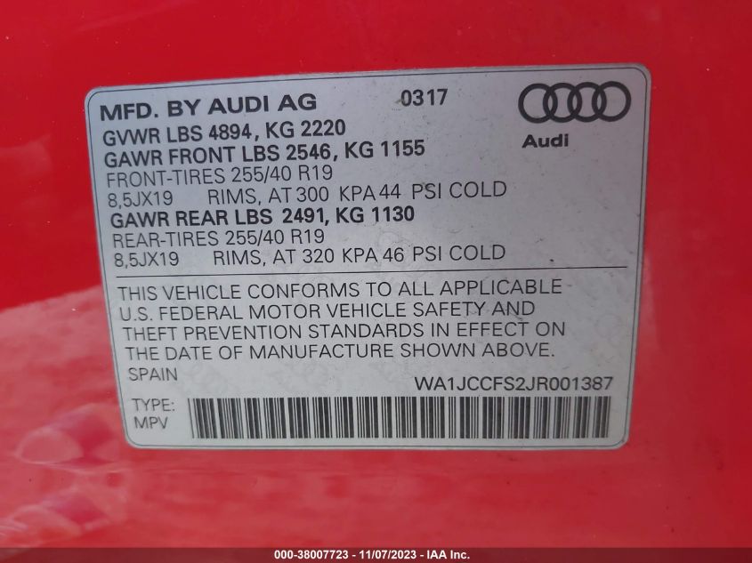 WA1JCCFS2JR001387 | 2018 AUDI Q3