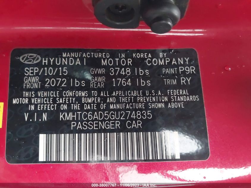 2016 HYUNDAI VELOSTER - KMHTC6AD5GU274835