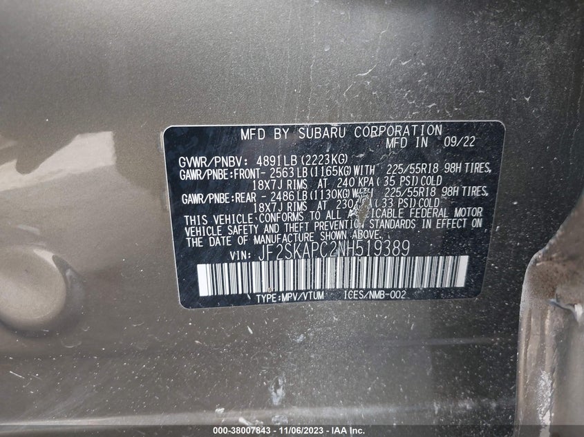 VIN JF2SKAPC2NH519389 2022 SUBARU FORESTER LIMITED