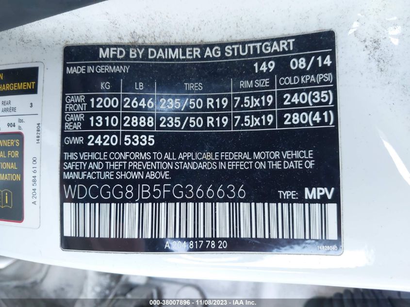 2015 MERCEDES-BENZ GLK 350 WDCGG8JB5FG366636