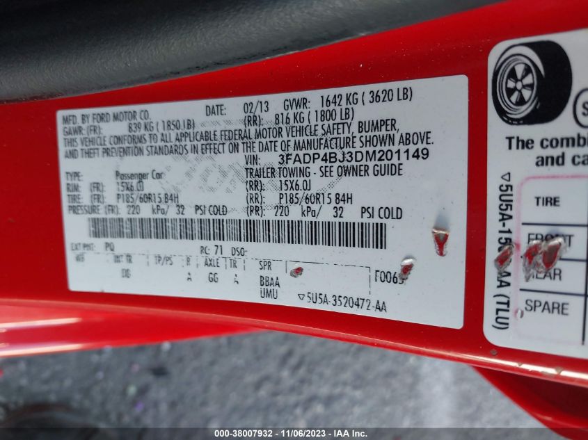2013 FORD FIESTA SE - 3FADP4BJ3DM201149