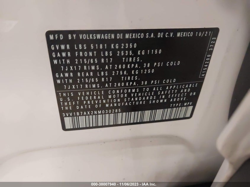 VIN 3VV1B7AX2NM030285 2022 VOLKSWAGEN TIGUAN S