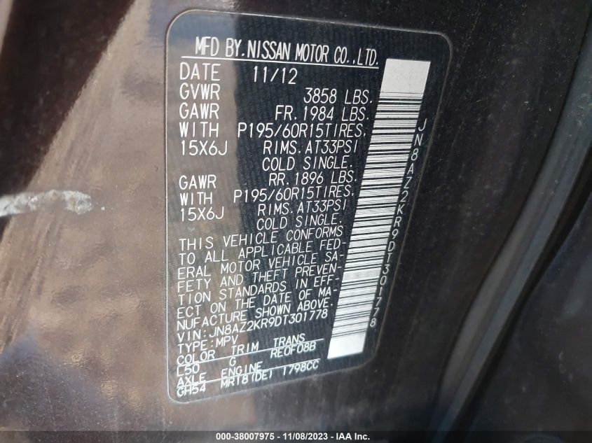2013 NISSAN CUBE 1.8 S JN8AZ2KR9DT301778