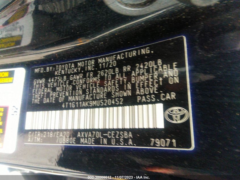 2021 TOYOTA CAMRY SE/SE NIGHT SHADE - 4T1G11AK9MU520452