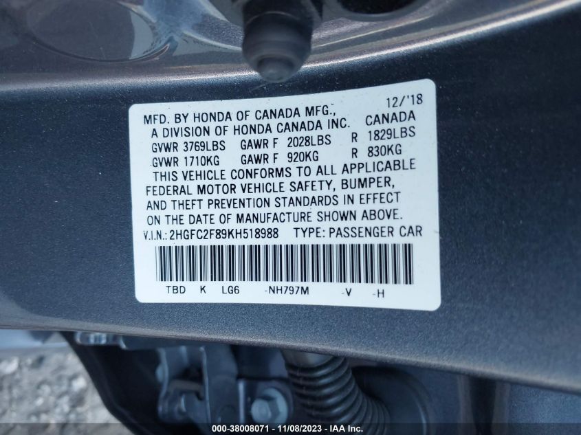 2HGFC2F89KH518988 Honda Civic Sedan SPORT 9