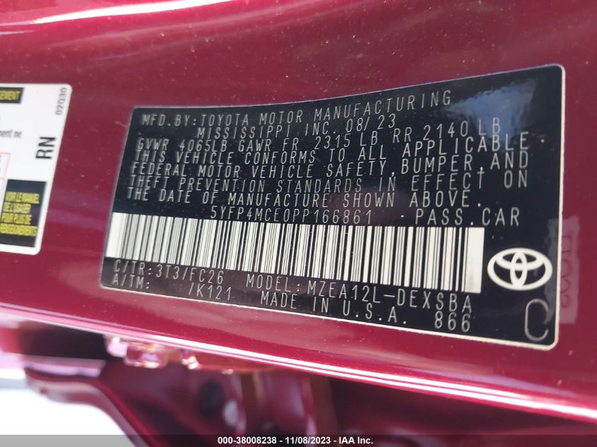 VIN 5YFP4MCE0PP166861 2023 TOYOTA COROLLA SE
