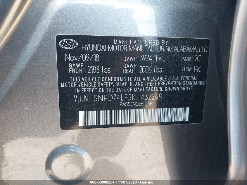 VIN 5NPD74LF5KH432268 2019 HYUNDAI ELANTRA SE