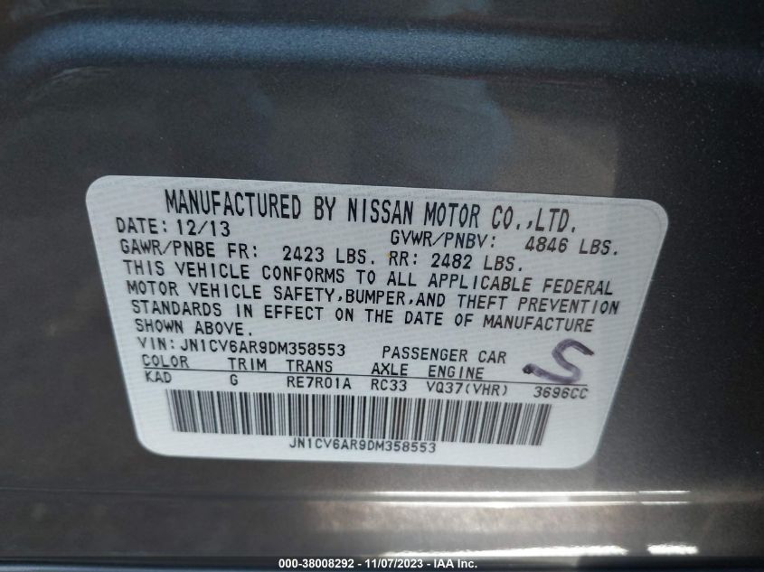 2013 INFINITI G37X - JN1CV6AR9DM358553